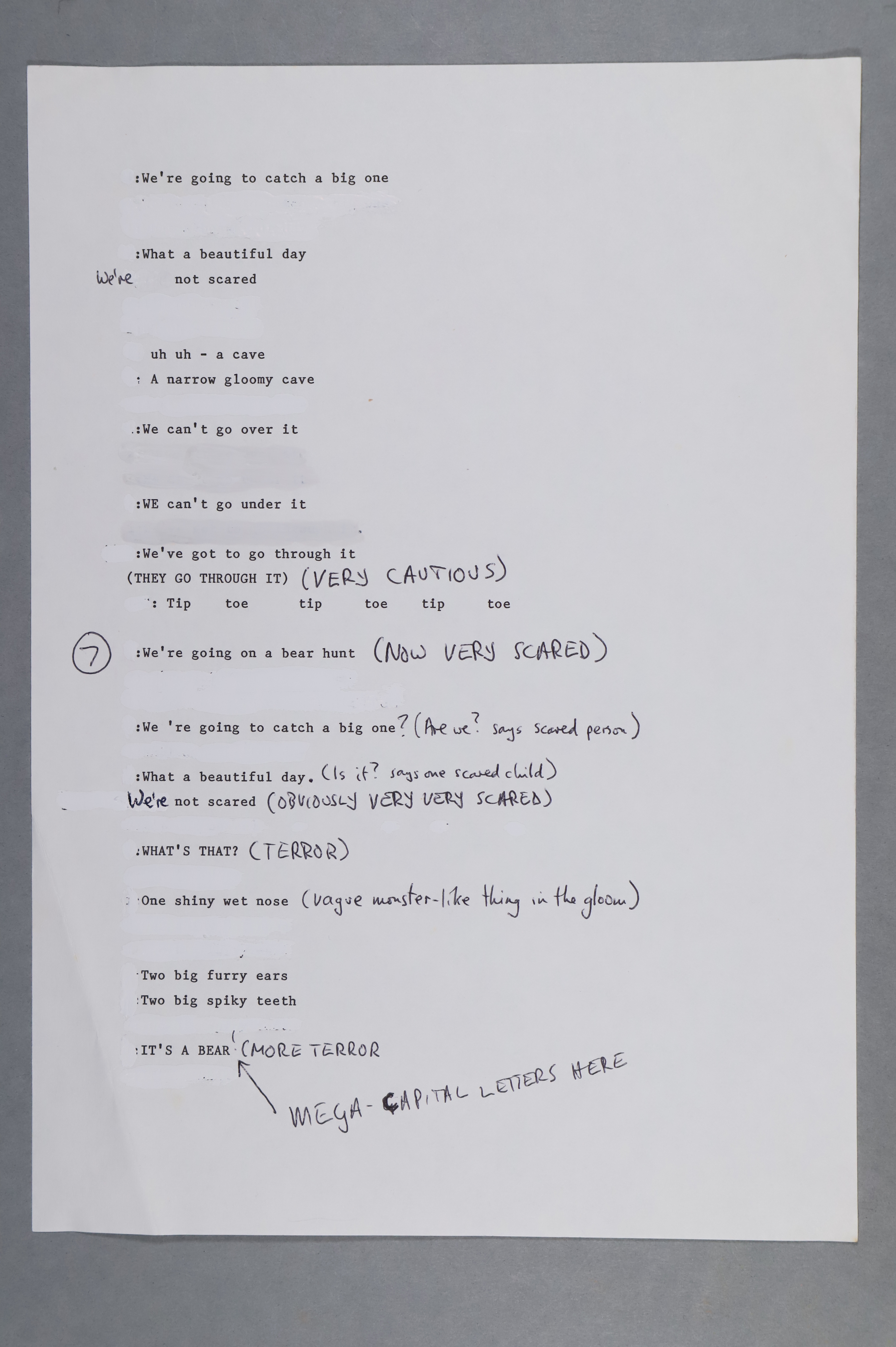 A typed draft of 'We're going on a bear hunt' (1989) retold by Michael Rose, including manuscript annotations.